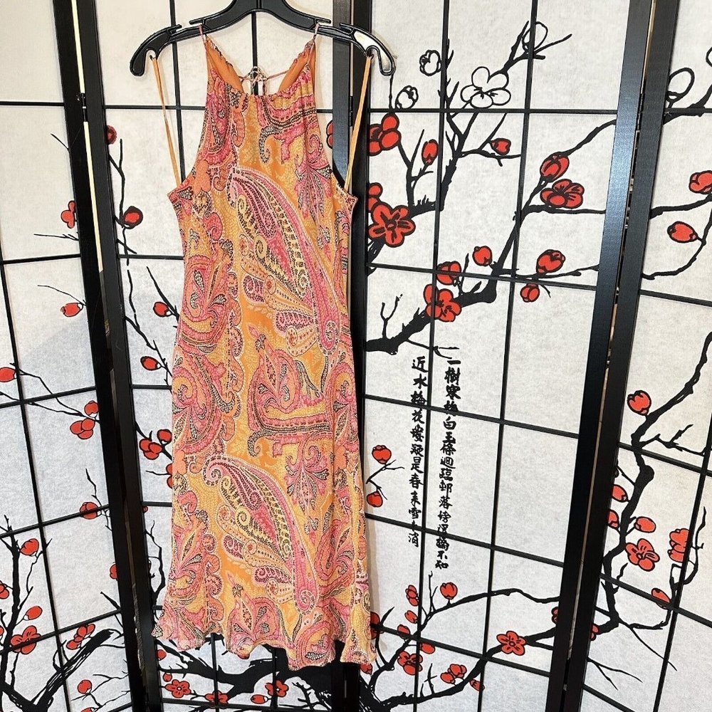 Vintage Ann Taylor Paisley 100% Silk Midi Slip Dress Y2K Pink Orange Size 8